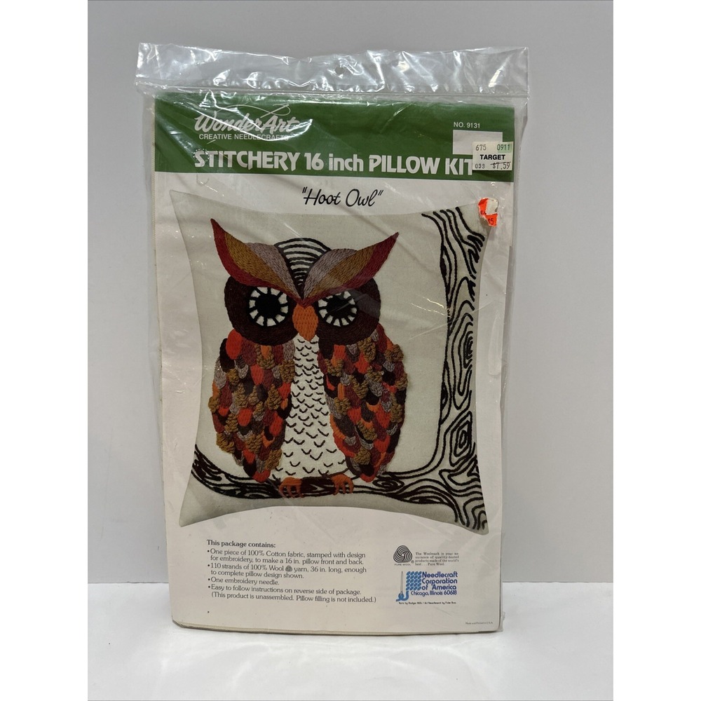 Vintage Hoot Owl Wool Embroidery Pillow Kit 16" WonderArt 9131 NOS Retro DIY